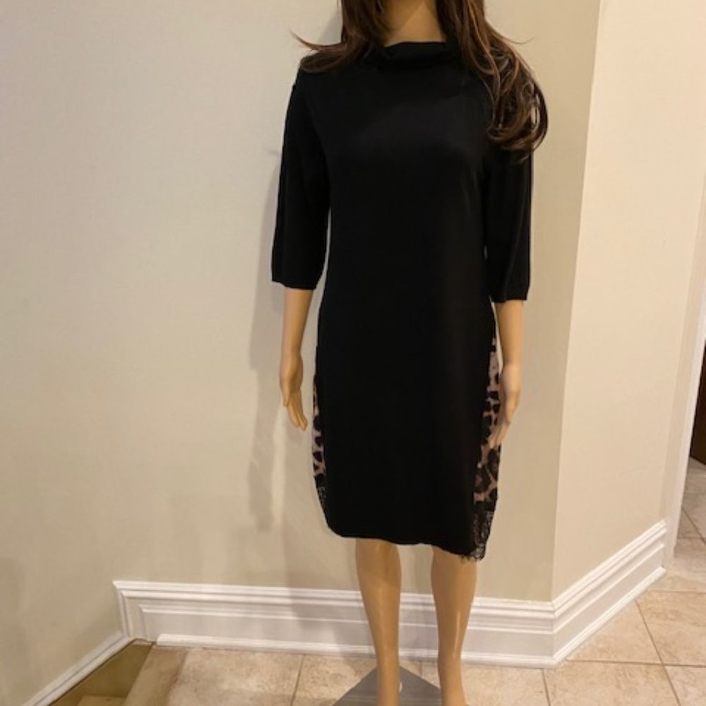 Black dress with the animal print inserts.